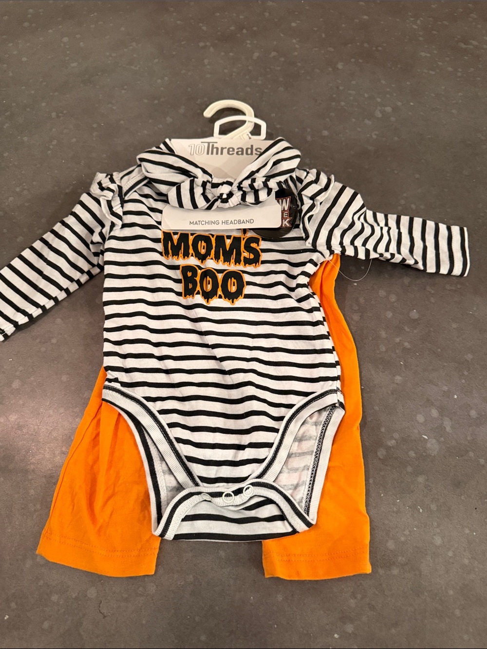 Striped 'MOMS BOO' Bodysuit & Orange Pants Matching Set W/ matching headband